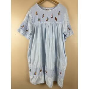 Marisol Vintage Summer Dress XL Women’s Blue White Cotton Sailboat Embroidered